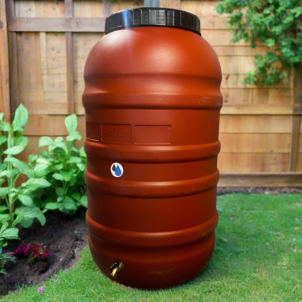 Red water storage tank with a black lid on a white background